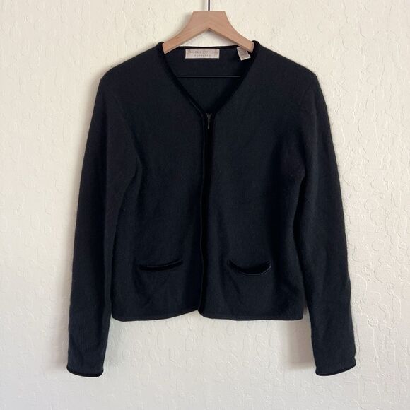 Vintage Valerie Stevens Fur Blend Velvet Trim Cardigan Sweater Medium Black Wool - Picture 1 of 6